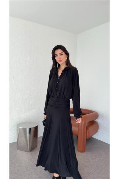 HAZELANNA فستان ماكسي أسود بياقة مكشكشة