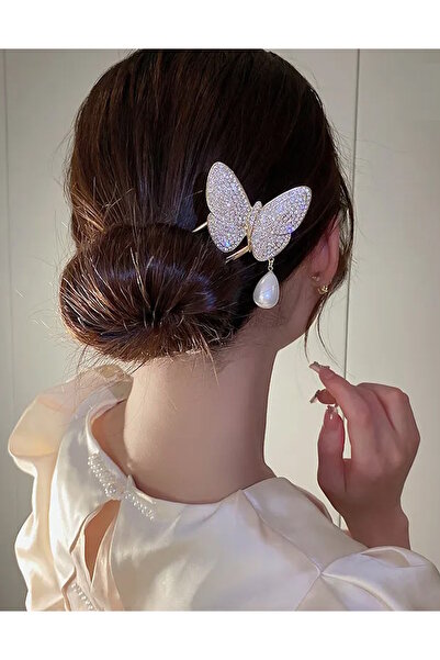 CAŞ DEKORASYON Золотиста металева шпилька з перлами та метеликами