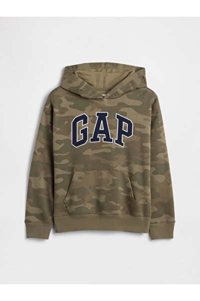 GAP Erkek Çocuk Kamuflaj Relaxed Logo Kamuflaj Kapüşonlu Sweatshirt