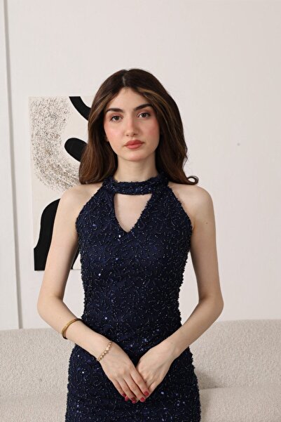 Generic Long navy blue evening dress embroidered with sequins and an elegant halter neck