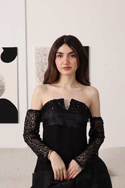 Generic Long black embroidered evening dress with separate sleeves and luxurious satin details