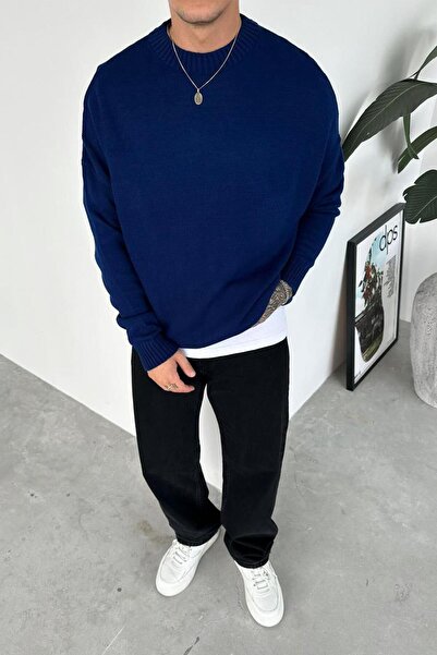 HAFKA Navy Blue Basic Crew Neck Knitwear Sweater