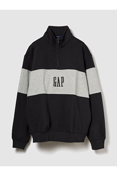 GAP Erkek Siyah VintageSoft Colorblock Logo Yarım Fermuarlı Sweatshirt