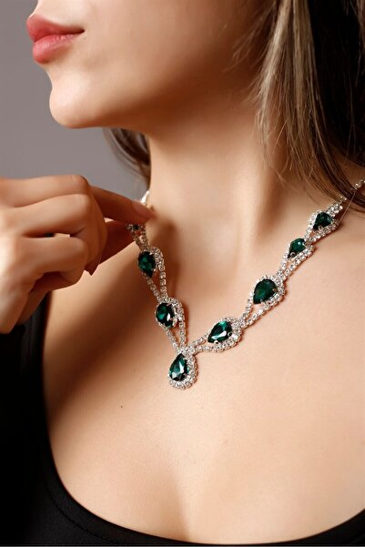 BİJUTERRİ Hürrem Kolye Gümüş Kaplama Yeşil Taşlı Özel Gün Kolyesi Kadın Takı ...