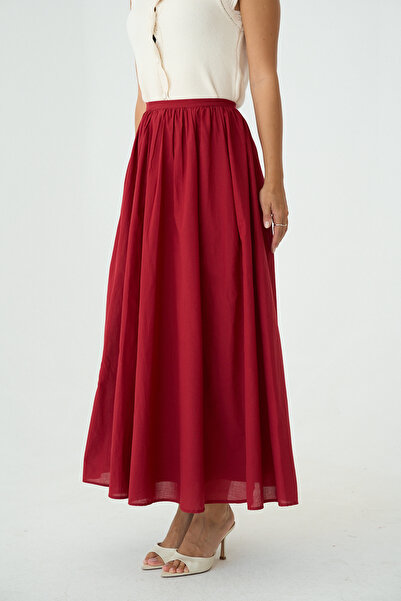 LOOSH Kadın Kırmızı Uzun Astar Detaylı Pileli Maxi Etek