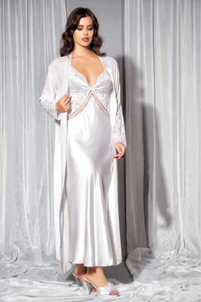 lidofya Dekolteli Dantelli Beyaz Uzun Saten Gecelik Sabahlık Takım