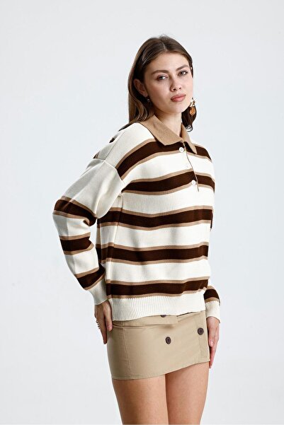 Rawanda Γυναικείο πλεκτό πουλόβερ με ριγέ κουμπιά με λαιμόκοψη πόλο