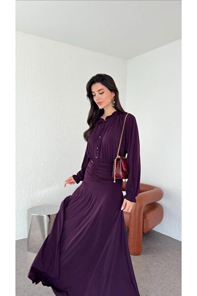 HAZELANNA فستان ماكسي بلون البرقوق مع ياقة مكشكشة