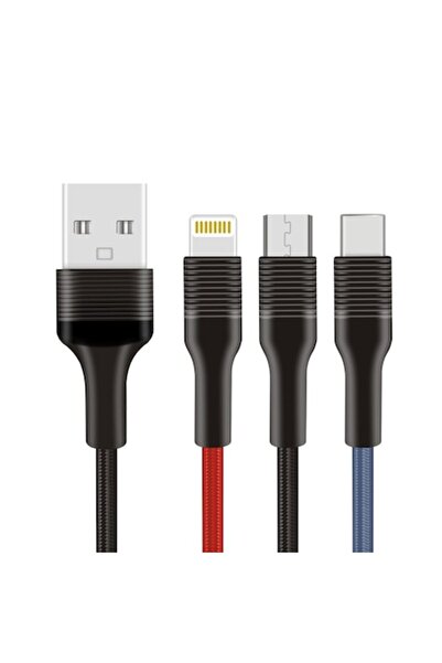 Bibilel Cablu de incarcare 3 in 1 Fast charge 2.4A, Lightning, Type-C, micro USB, ranforsat, pentru iPhone,