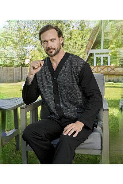 Aydoğan Jacquard Front Buttoned Long Sleeve Pajama Set 3475