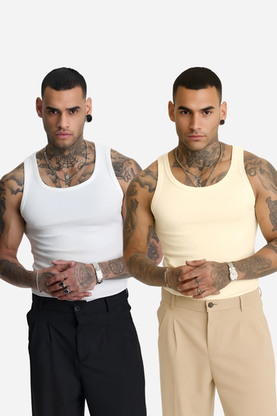 İLKCET MODA 2-Pack White and Cream Slim Fit Men's Ribbed Tank Tops