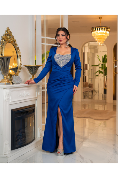 DADO BELLA Saks Mavisi Double Krep Kumaş Kristal Taş Detaylı Balık Kesim Kalp...