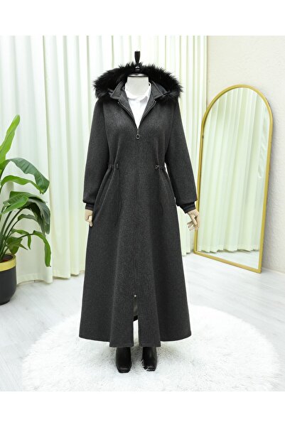 Modamorfo Hooded Cashmere Coat with Elastic Waist and Pockets - Anthracite
