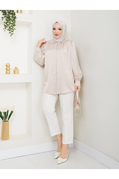 nisanurfashion Kadın Saten Krem Gömlek