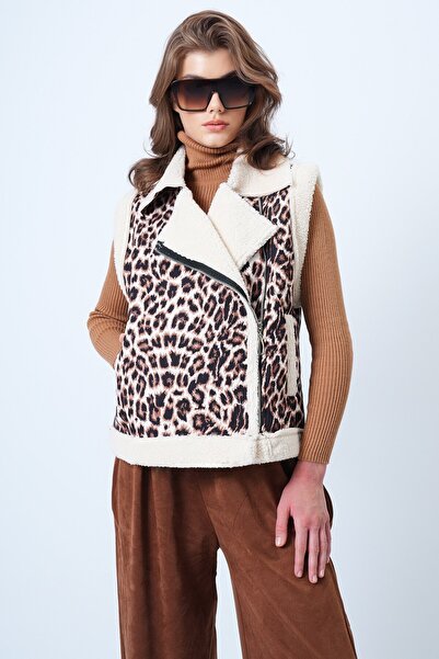 VAGGON Women's Leopard Fur Lined Double Breasted Collar Leopard Vest Vs01193