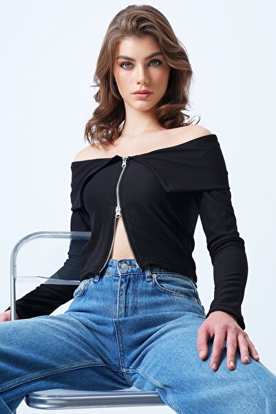 VAGGON Women's Black Carmen Collar Zipper Detailed Ottoban Blouse Vs01187