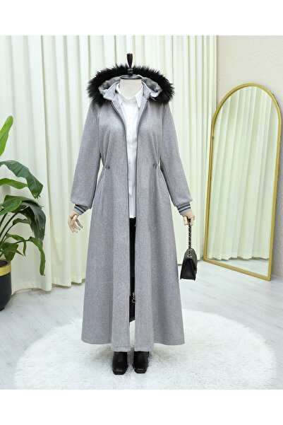 Modamorfo Hooded Cashmere Coat with Elastic Waist and Pockets - Gray