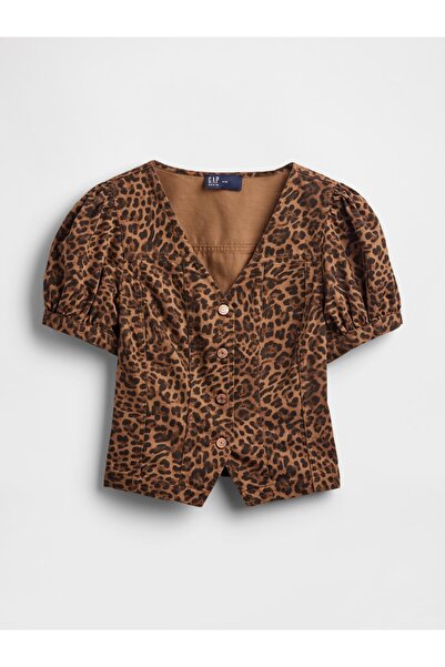 GAP Kadın Kahverengi Puff-Sleeve Seamed Bluz