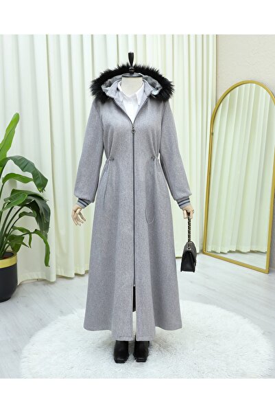 Modamorfo Hooded Cashmere Coat with Elastic Waist and Pockets - Gray