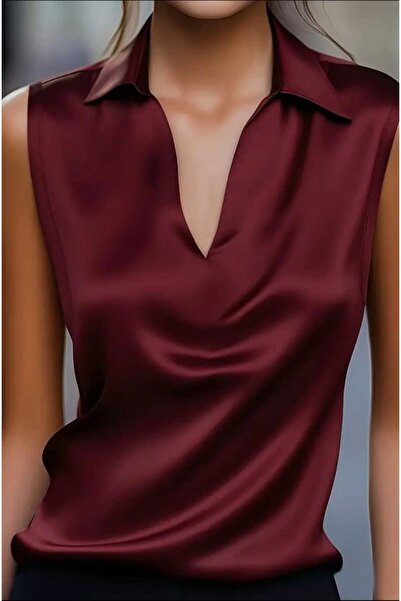 By Kul Design Women's Satin Shirt Collar Satin Blouse