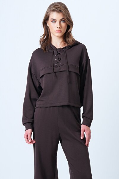 VAGGON Women's Brown Hooded Bird-Eye Sweatshirt and Palazo Pants Modal Set Vs01174