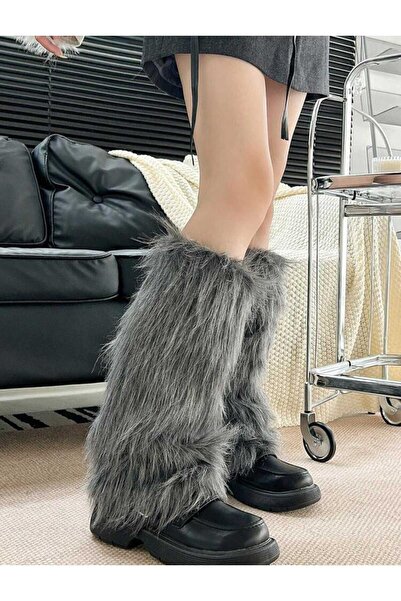 milio Gri Renk Peluş Kürk Tozluk Uzun Tüylü Standart Beden Y2k Tozluk