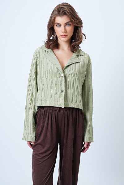 VAGGON Women's Green Double Button Deep V Neck Textured Crop Jacket Vs01180
