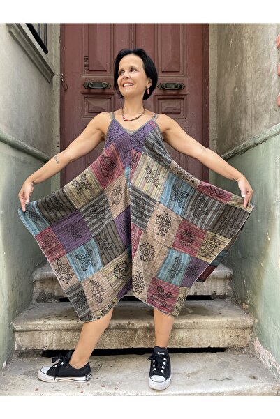 Bohoyasam Nepal Patchwork Boho Elbise | Kadın Bohem Tarz, Rahat Kesim, Etnik Desenli,Askılı Elbise