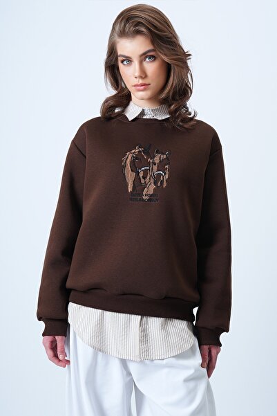 VAGGON Γυναικείο φούτερ καφέ με λαιμόκοψη με κέντημα με 3 κλωστές Vs01177