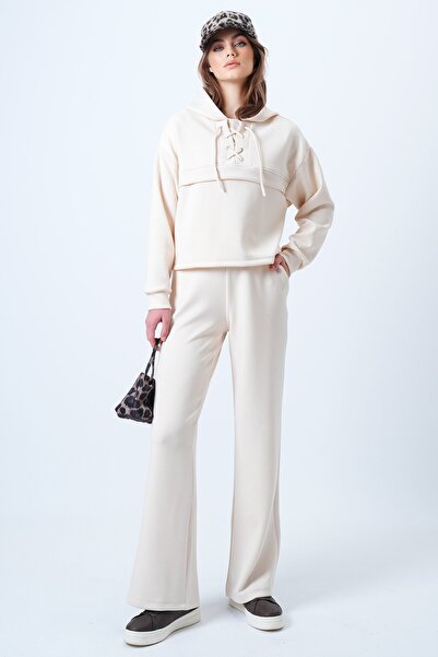 VAGGON Women's Light Beige Hooded Bird-Eye Sweatshirt and Palazo Pants Modal Set Vs01174