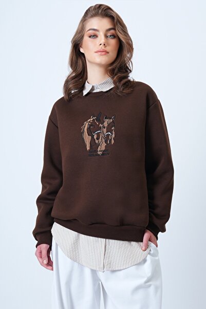 VAGGON Γυναικείο φούτερ καφέ με λαιμόκοψη με κέντημα με 3 κλωστές Vs01177