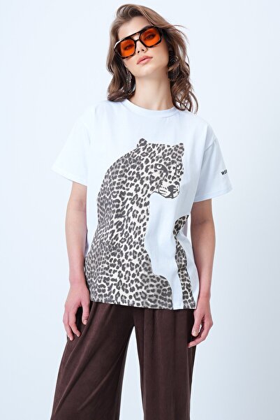 VAGGON Γυναικείο μπλουζάκι από βαμβακερό λεοπάρ με λεοπάρ γιακά Vs01190