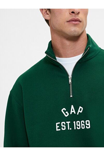GAP Erkek Yeşil VintageSoft Oversized Logo Yarım Fermuarlı Sweatshirt