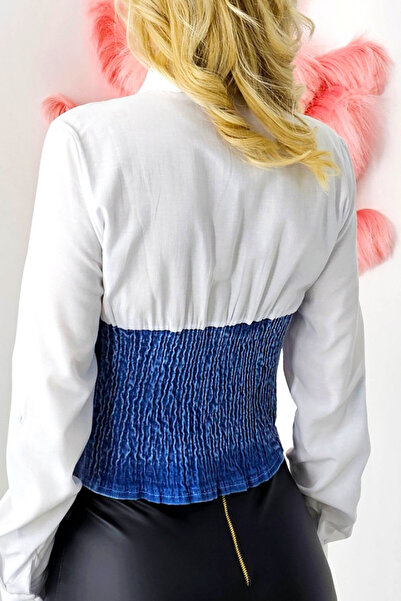 FashionForYou Cămașă din denim Republica Cehă, cu două texturi și talie elastică la spate, Alb