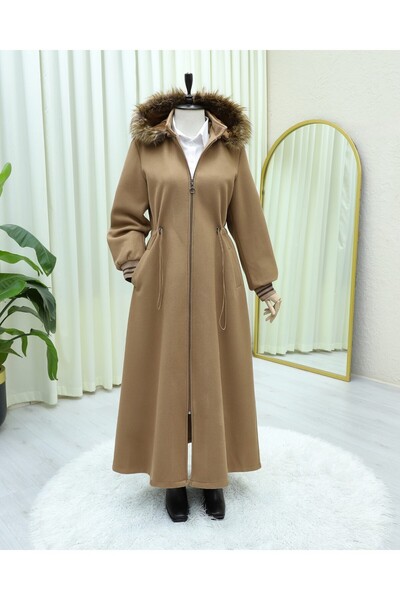 Modamorfo Hooded Cashmere Coat with Elastic Waist and Pockets - Tan