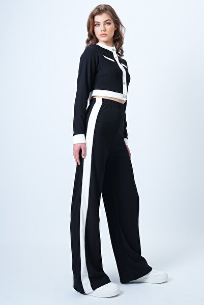 VAGGON Women's Black Color Block Crop Jacket and Ottaban Pants Set Vs01179