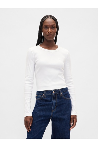 GAP Kadın Beyaz Ribana Crop Bisiklet Yaka T-Shirt