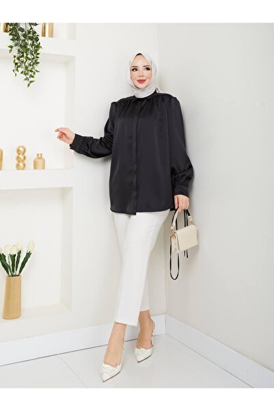 nisanurfashion Cămașă neagră din satin pentru femei