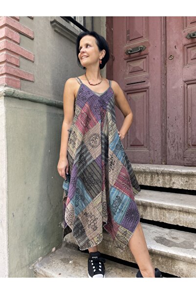 Bohoyasam Nepal Patchwork Boho Elbise | Kadın Bohem Tarz, Rahat Kesim, Etnik Desenli,Askılı Elbise