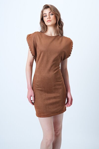 VAGGON Women's Tan Backless Dress with Padded Shoulders and Shoulder Drops Suede Dress Vs01192