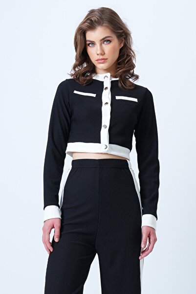 VAGGON Women's Black Color Block Crop Jacket and Ottaban Pants Set Vs01179