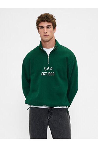 GAP Erkek Yeşil VintageSoft Oversized Logo Yarım Fermuarlı Sweatshirt