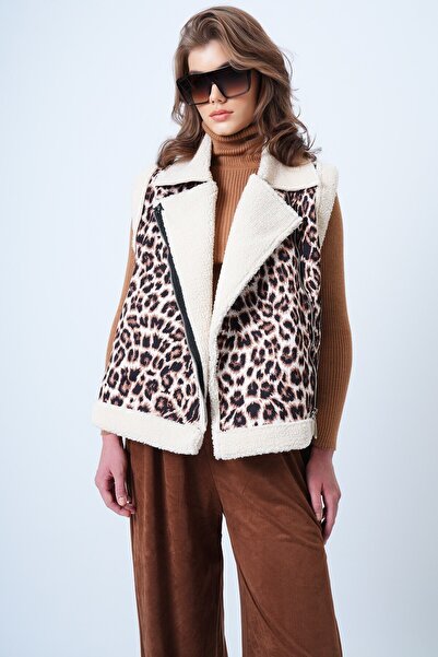 VAGGON Дамска жилетка с леопардова подплата и кръстосан яка Vs01193