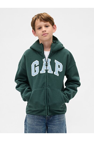 GAP Erkek Çocuk Koyu Yeşil VintageSoft Logo Fermuarlı Sweatshirt