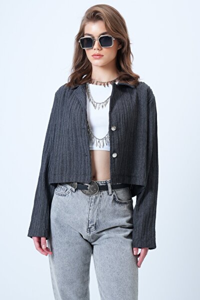 VAGGON Women's Anthracite Double Button Deep V-Neck Textured Crop Jacket Vs01180