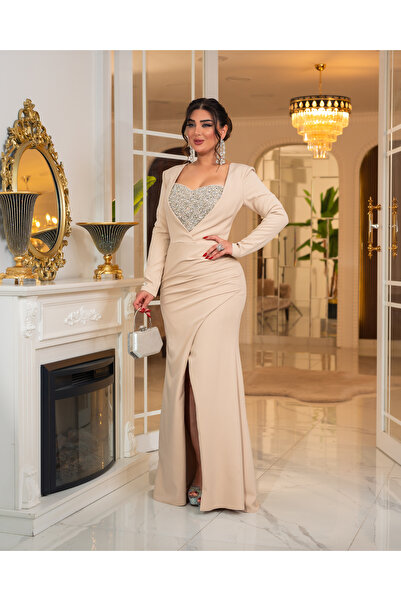 DADO BELLA Bej Double Krep Kumaş Kristal Taş Detaylı Balık Kesim Kalp Yaka Yırtmaçlı Abiye
