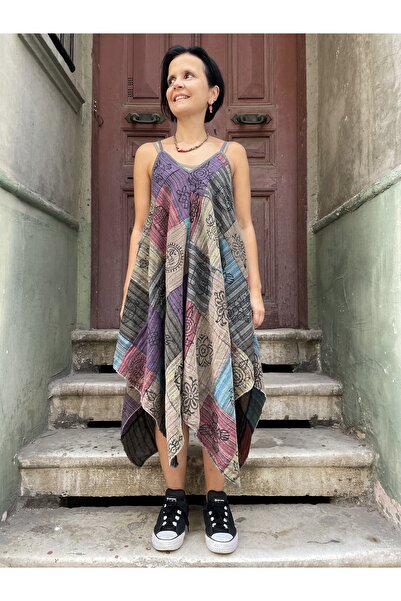 Bohoyasam Nepal Patchwork Boho Elbise | Kadın Bohem Tarz, Rahat Kesim, Etnik Desenli,Askılı Elbise