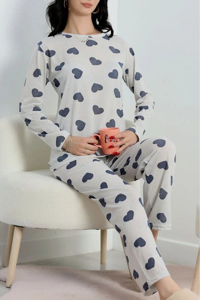 DAS KLEID Pajama Set Crew Neck Long Sleeve Black Striped