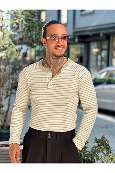 manch collection Φούτερ με ριγέ γιακά με κουμπιά εκρού-μπεζ