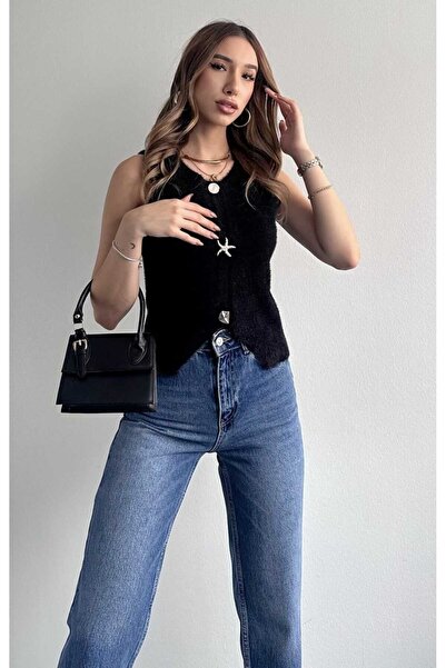 yeditepe fashion Asymmetrical Buttoned Soft Knit Vest